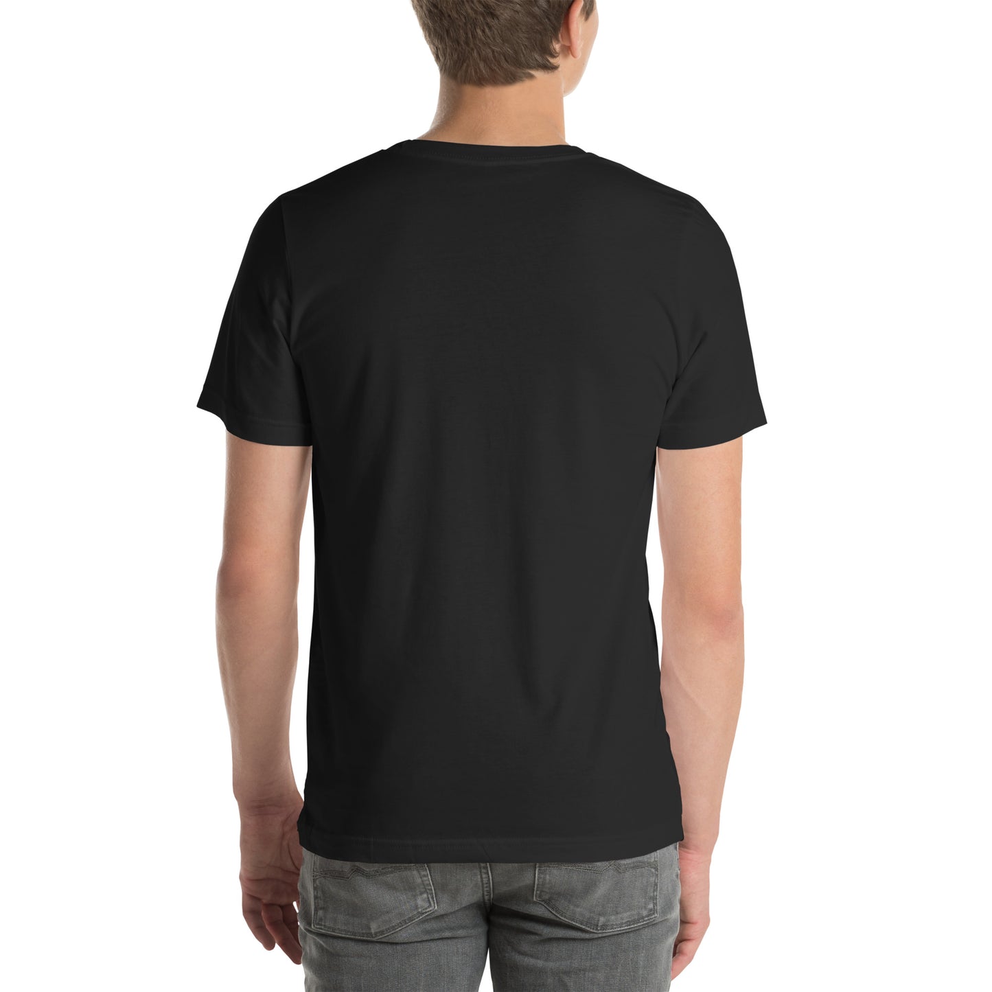 Back view of a man wearing the black Starfleet Engineering T-Shirt representing the Geek Dad Fashion Starship Repair theme.