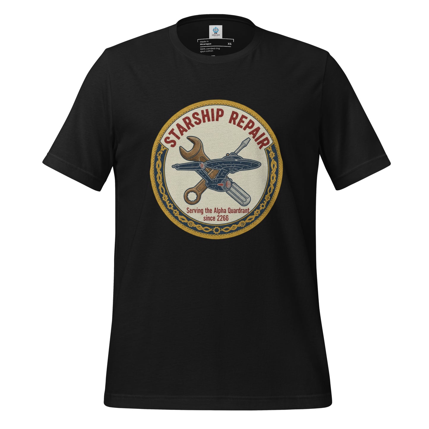 Starfleet Engineering T-Shirt in Black - Front view of the Star Trek Starship Repair graphic tee by Geek Dad Fashion.