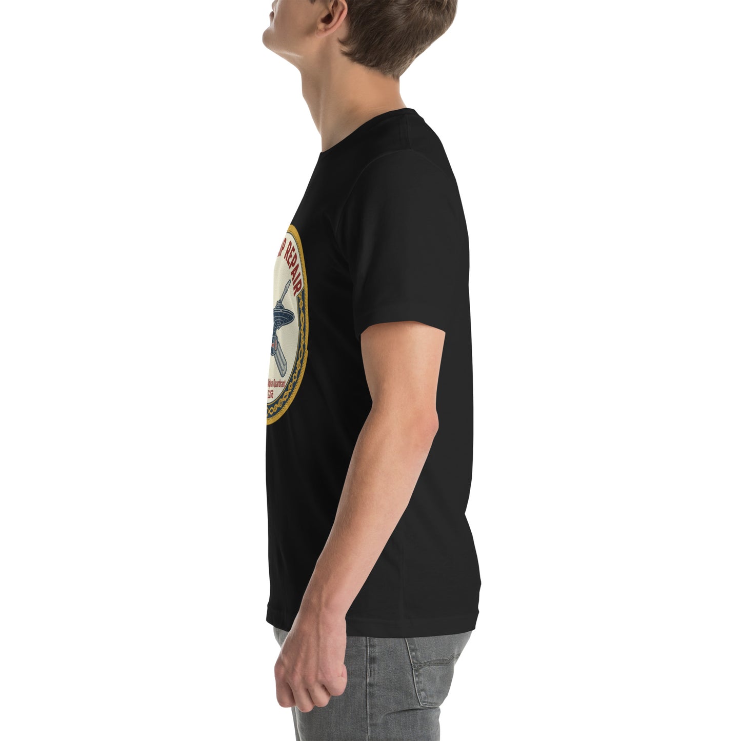 Side view of a man wearing the black Starfleet Engineering T-Shirt representing the Geek Dad Fashion Starship Repair theme.