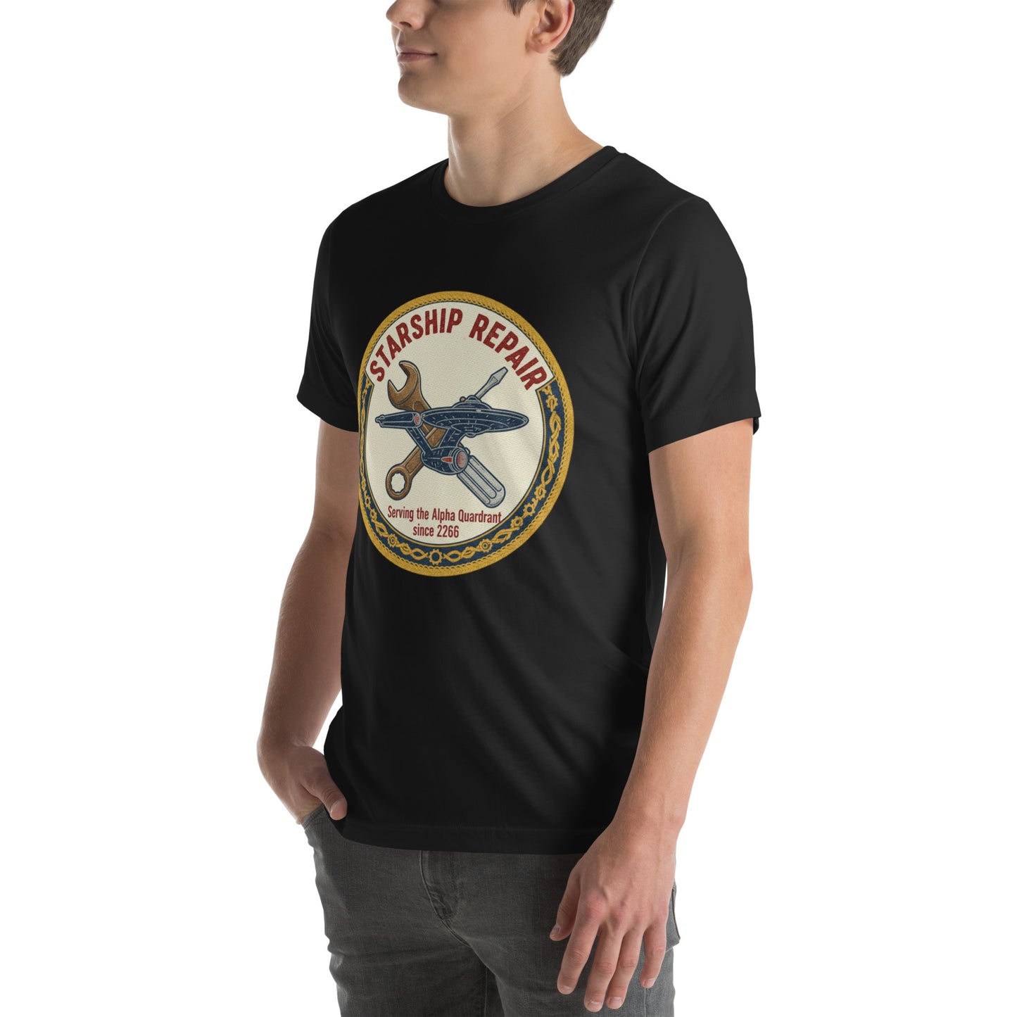 Side view of a man wearing the black Starfleet Engineering T-Shirt representing the Geek Dad Fashion Starship Repair theme.