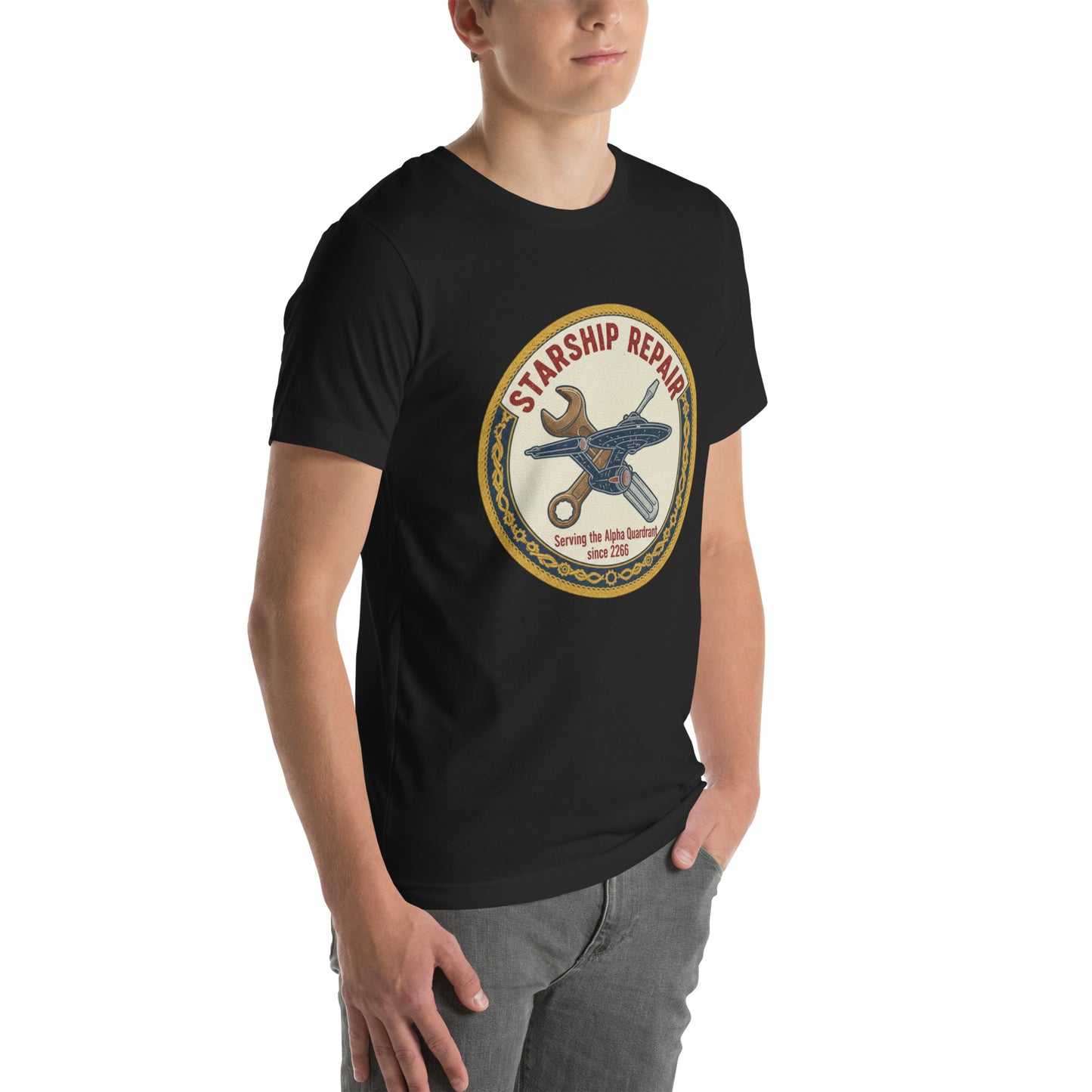 Side view of a man wearing the black Starfleet Engineering T-Shirt representing the Geek Dad Fashion Starship Repair theme.