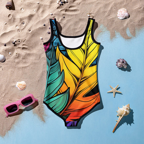 Flashy Leaves All-Over Print Kids Swimsuit