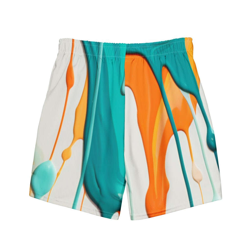 Fins Up! Swim Trunks | Aqua & Orange Paint Splash Fan Gear