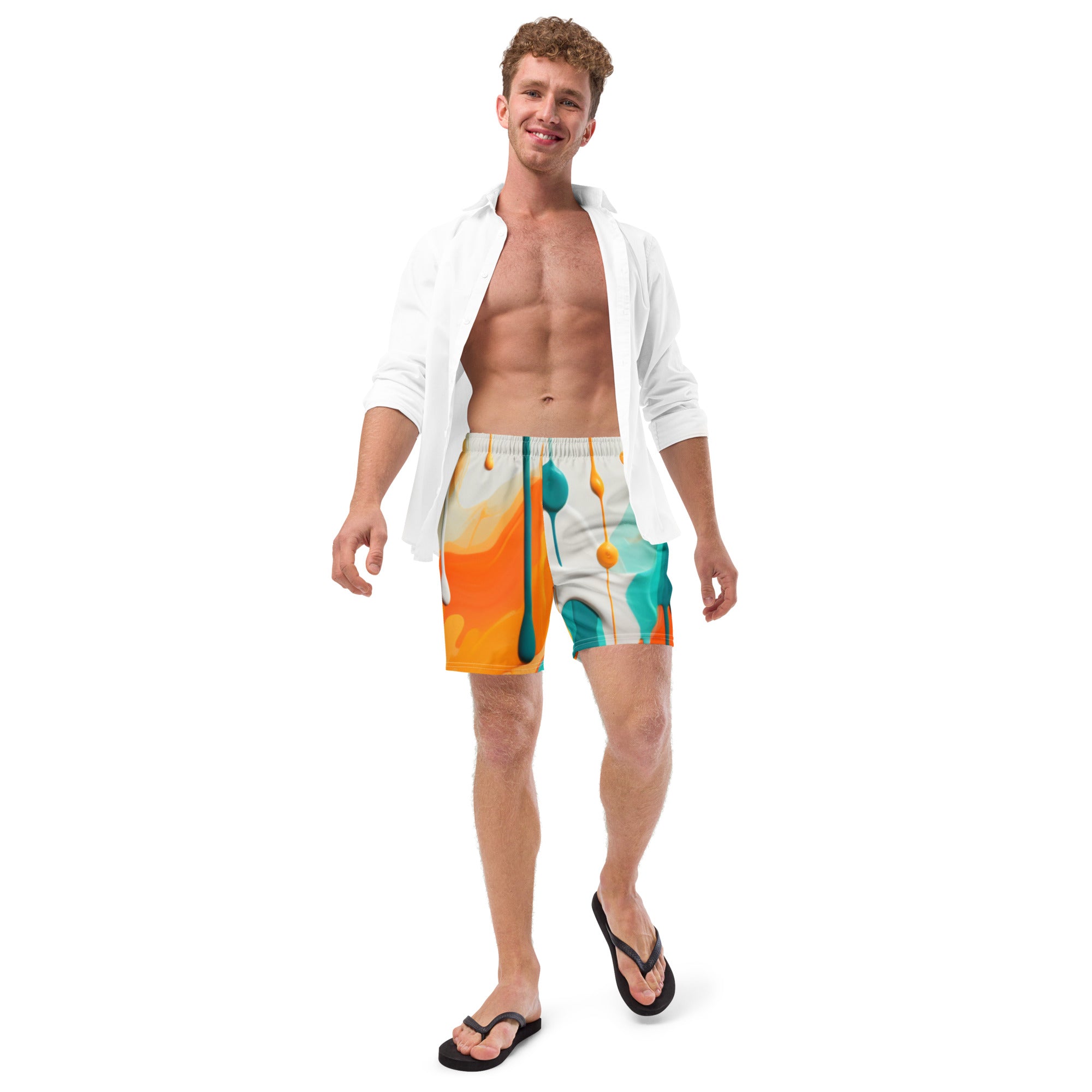 Fins Up! Swim Trunks | Aqua & Orange Paint Splash Fan Gear