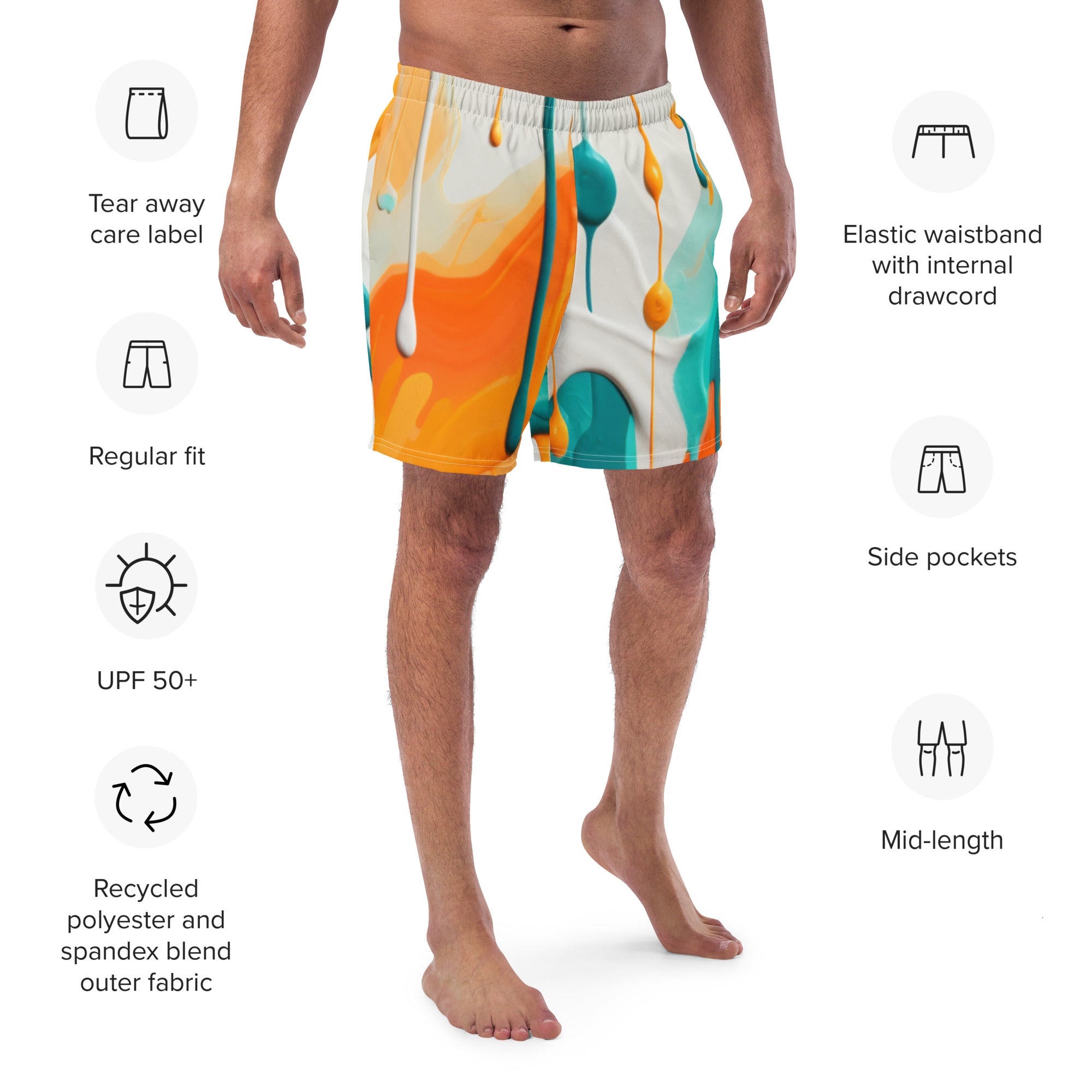 Fins Up! Swim Trunks | Aqua & Orange Paint Splash Fan Gear