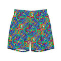 Colorful geometric patterned Star Wars themed boardshorts on a white background