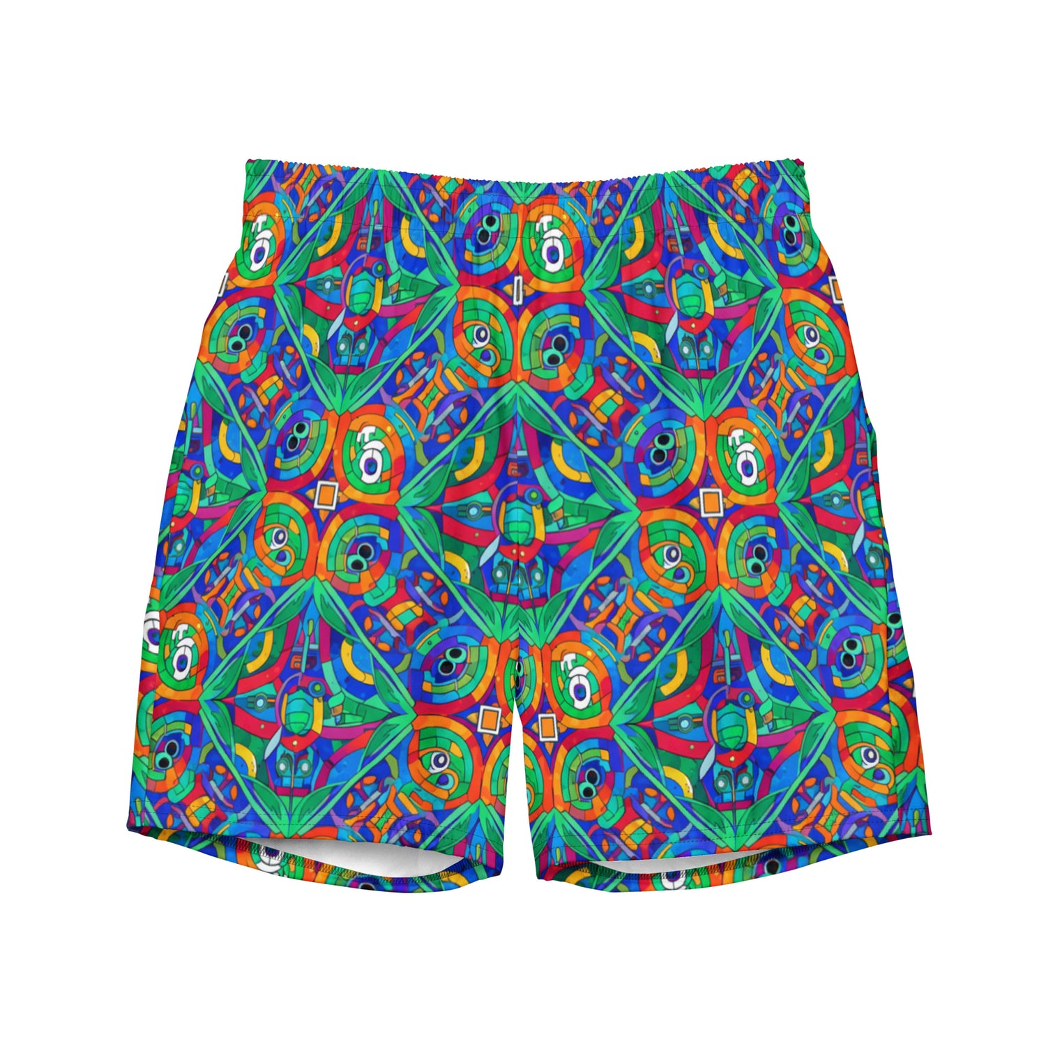 Colorful geometric patterned Star Wars themed boardshorts on a white background