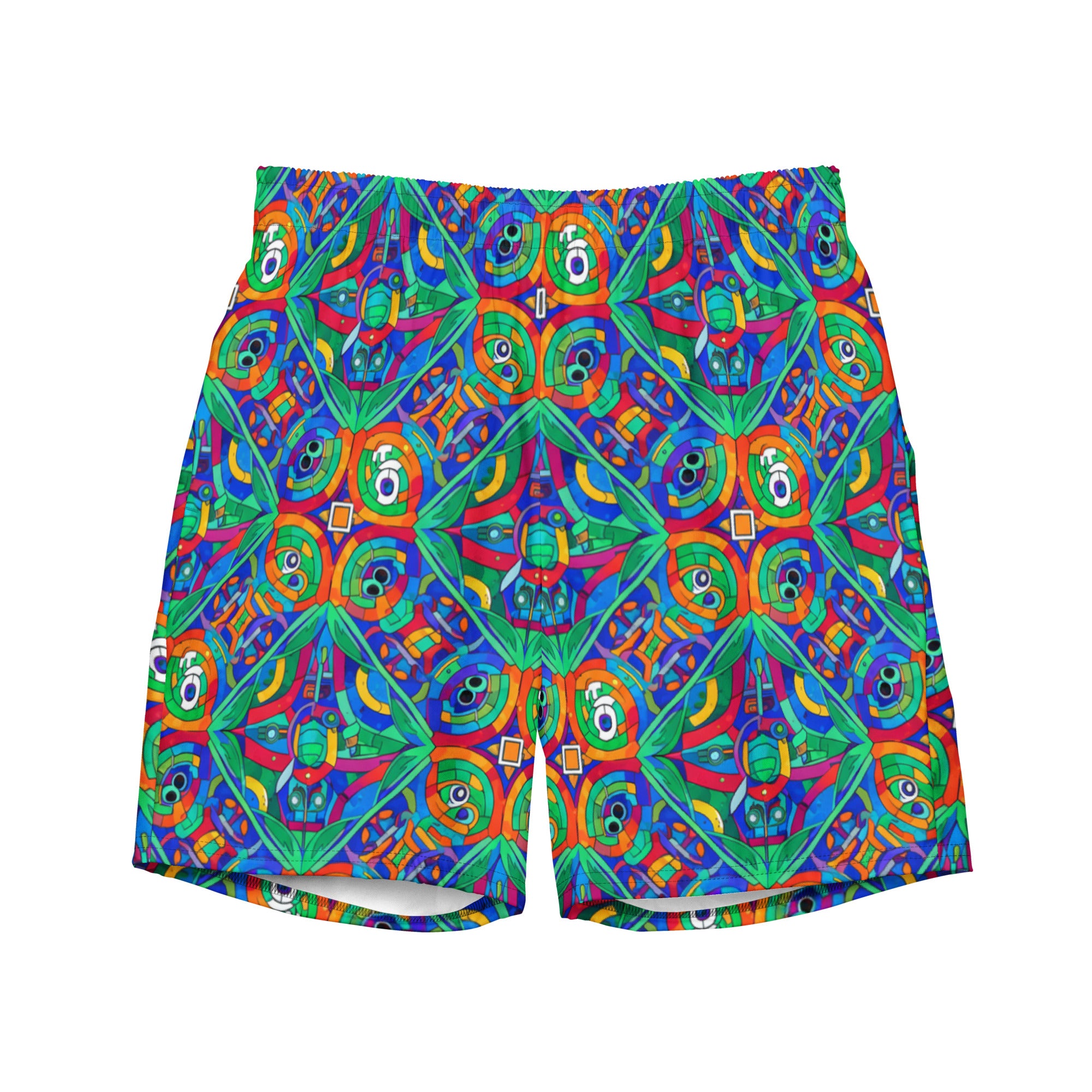 Colorful geometric patterned Star Wars themed boardshorts on a white background