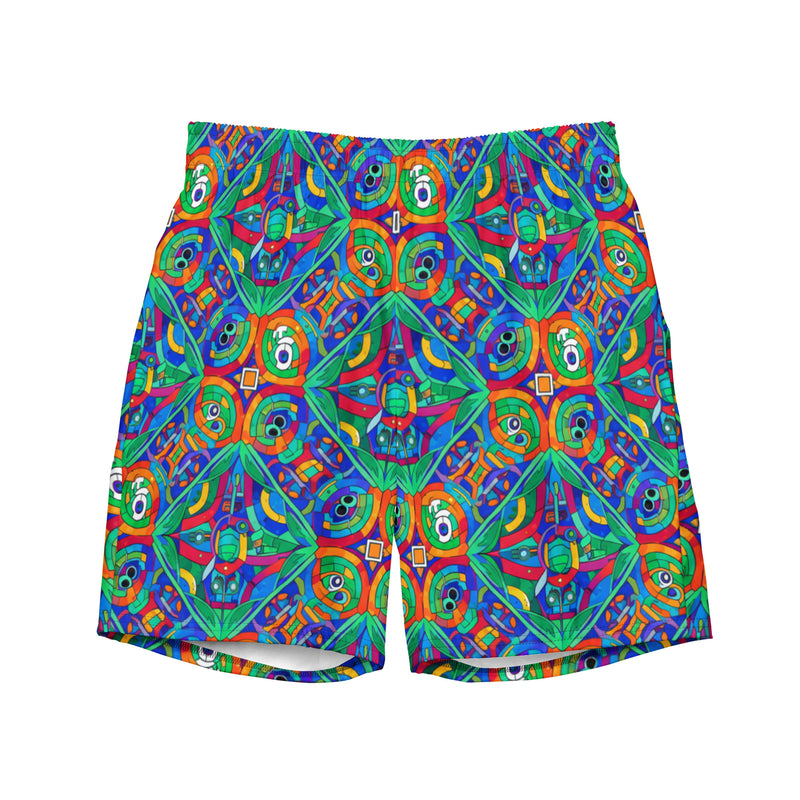 Colorful geometric patterned Star Wars themed boardshorts on a white background
