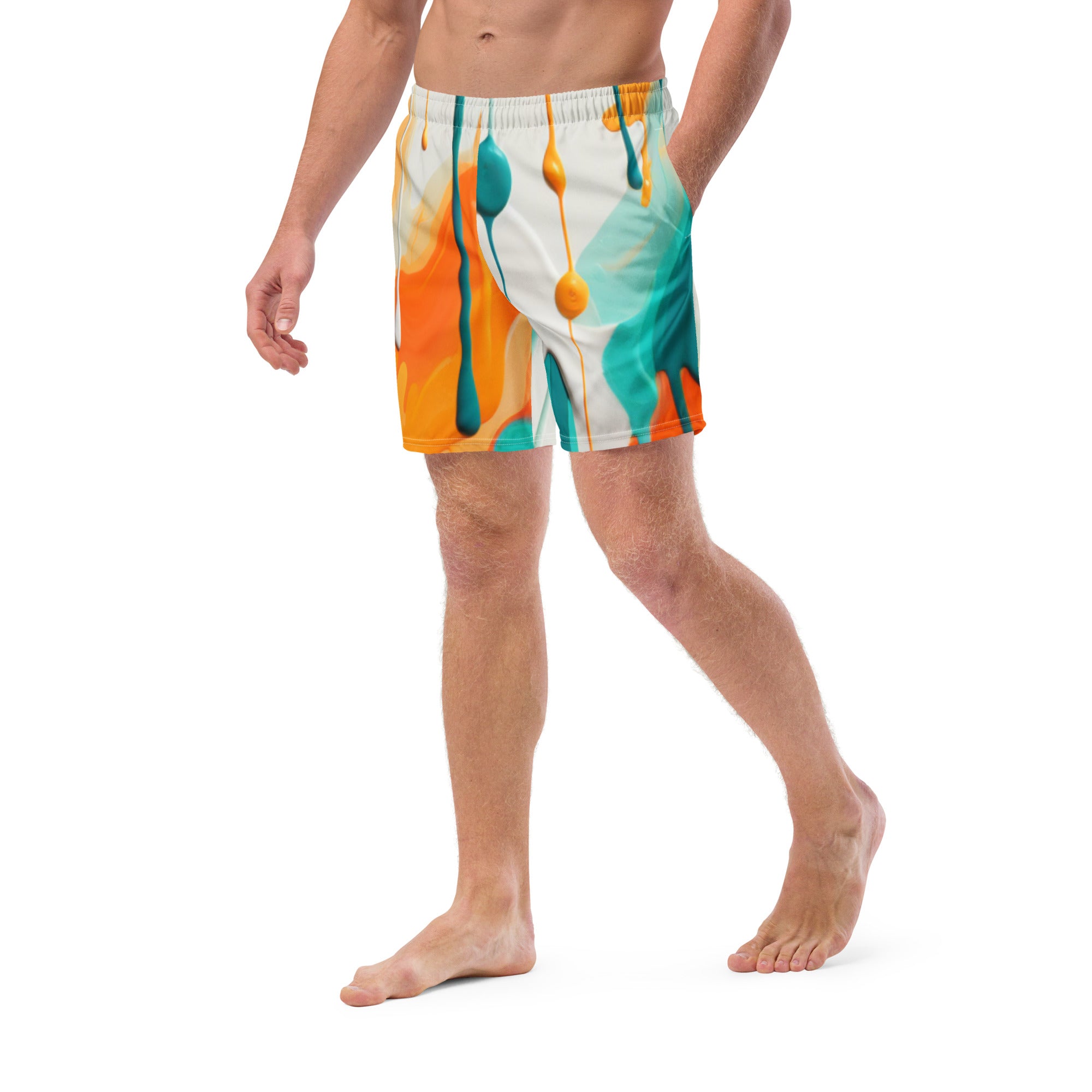 Fins Up! Swim Trunks | Aqua & Orange Paint Splash Fan Gear