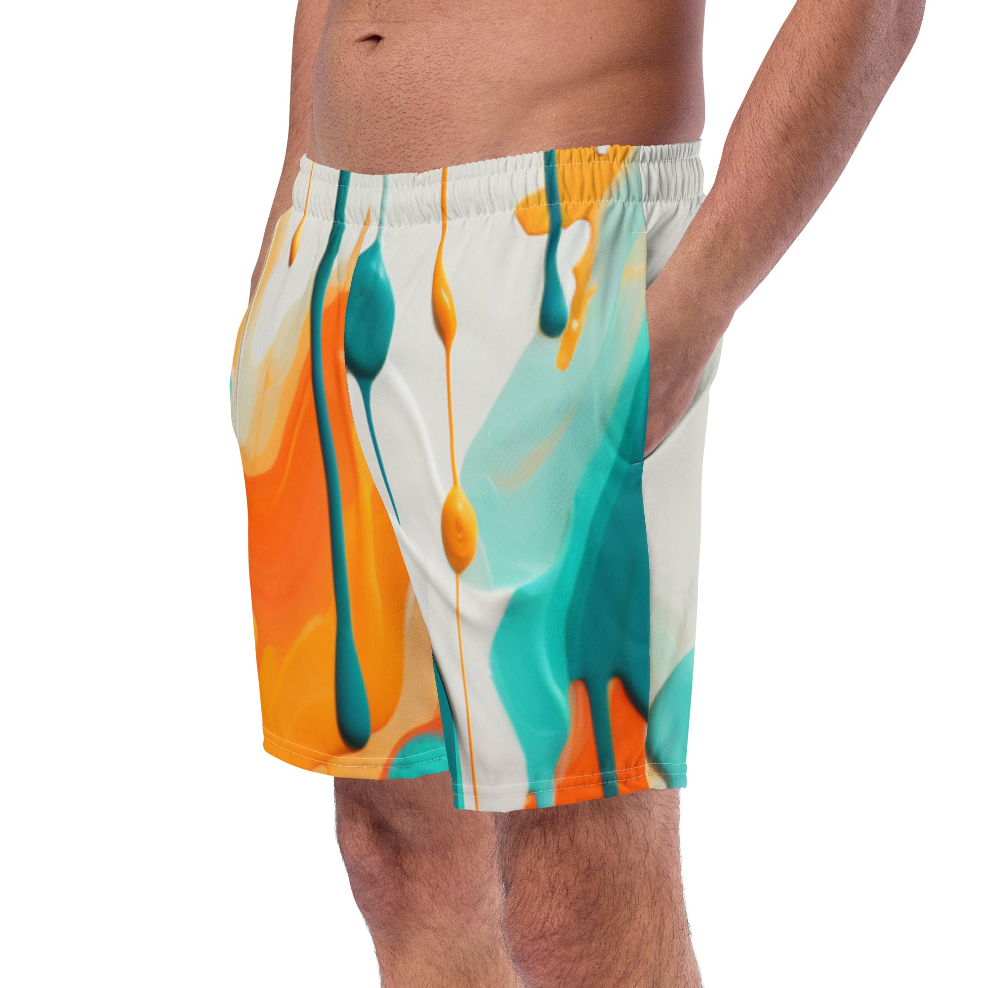Fins Up! Swim Trunks | Aqua & Orange Paint Splash Fan Gear