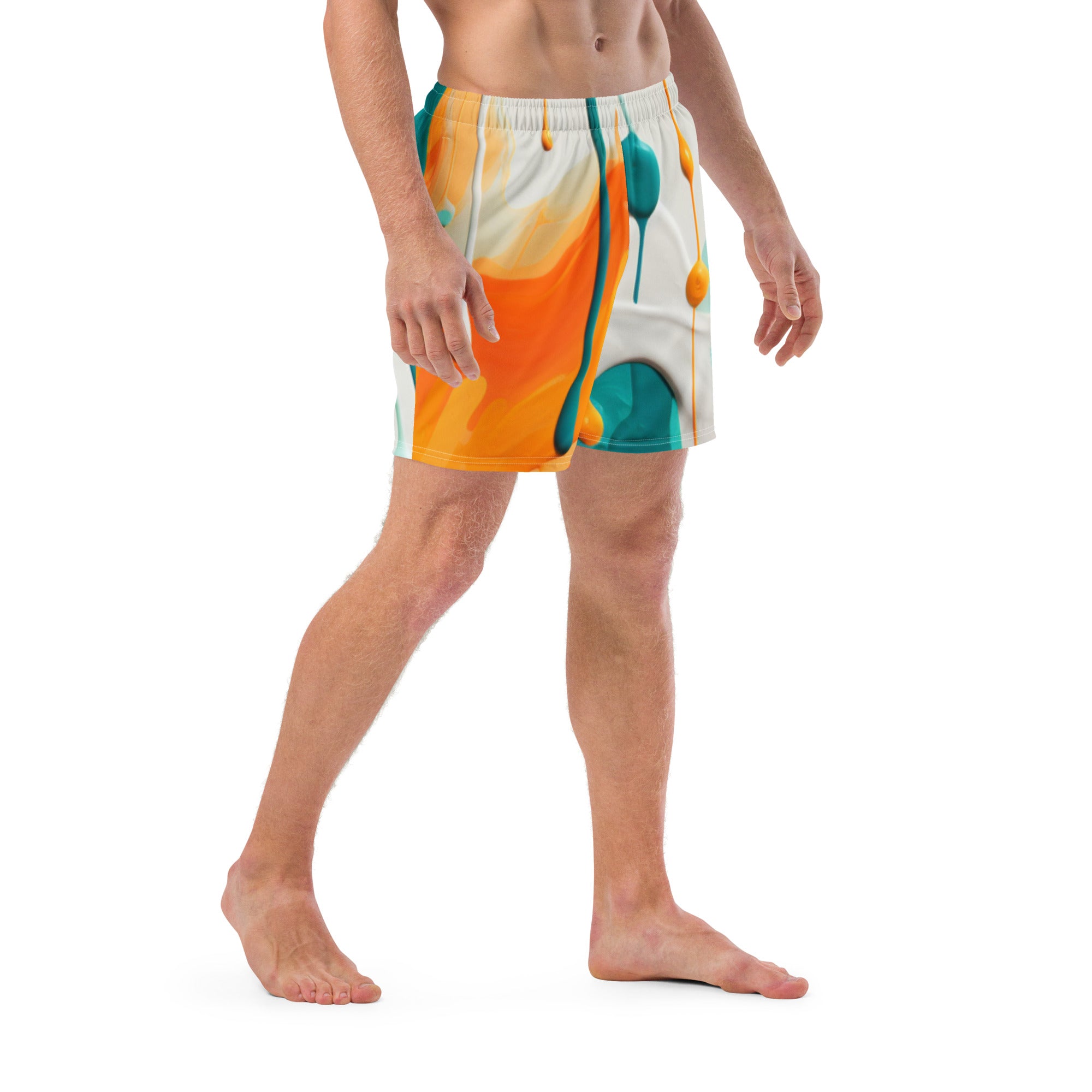 Fins Up! Swim Trunks | Aqua & Orange Paint Splash Fan Gear