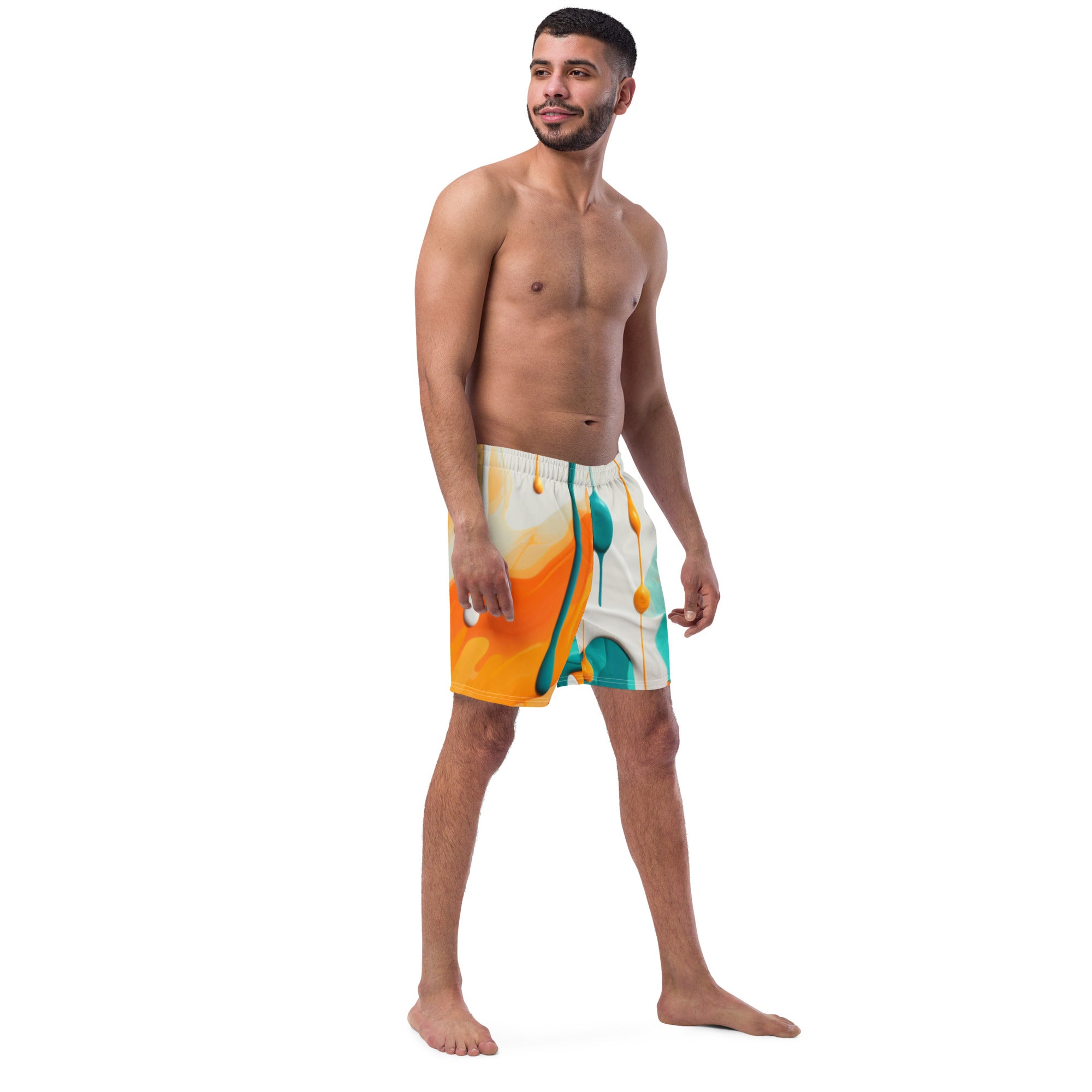 Fins Up! Swim Trunks | Aqua & Orange Paint Splash Fan Gear