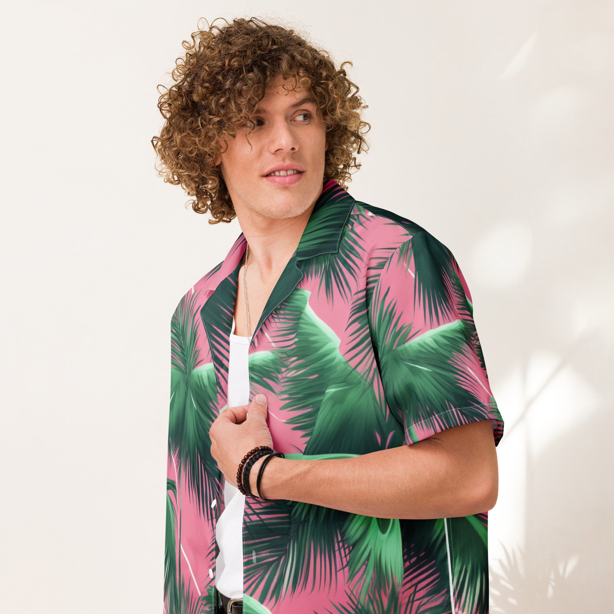 Pink Lightning Palms Button-Up Shirt | UPF50+ Summer Shirt