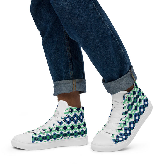 Blue Green Argyle men’s high top canvas shoes