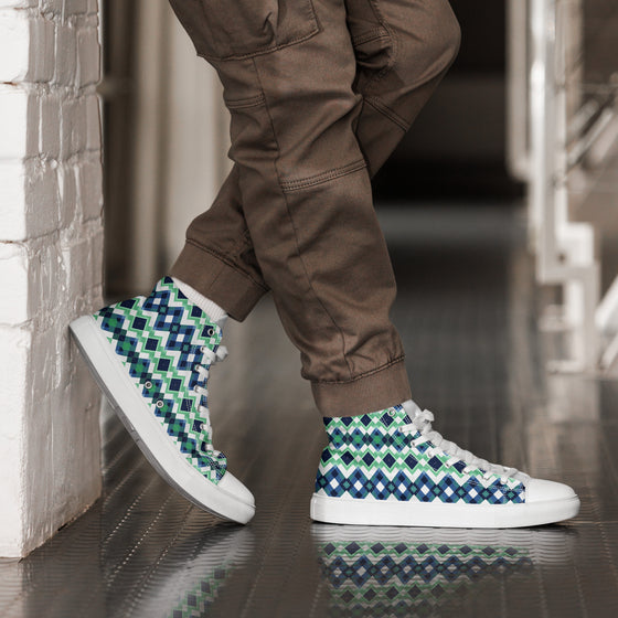 Blue Green Argyle men’s high top canvas shoes