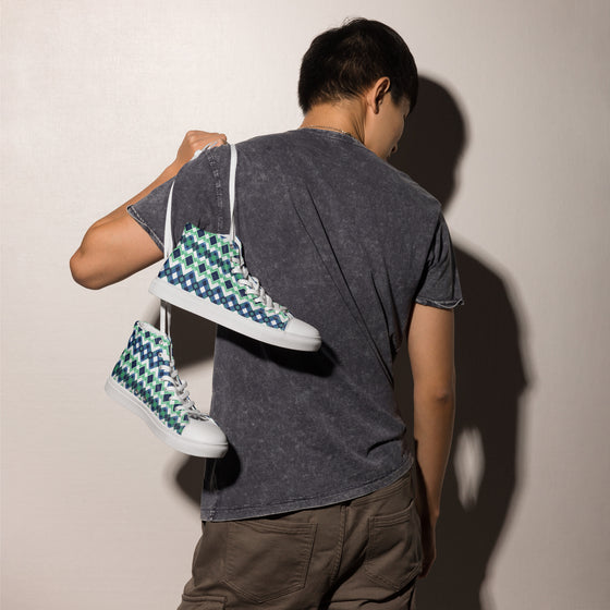 Blue Green Argyle men’s high top canvas shoes