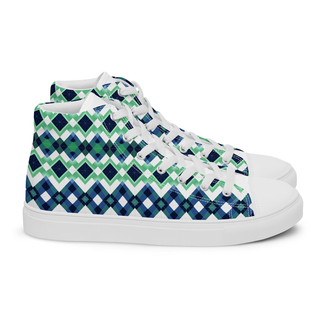Blue Green Argyle men’s high top canvas shoes