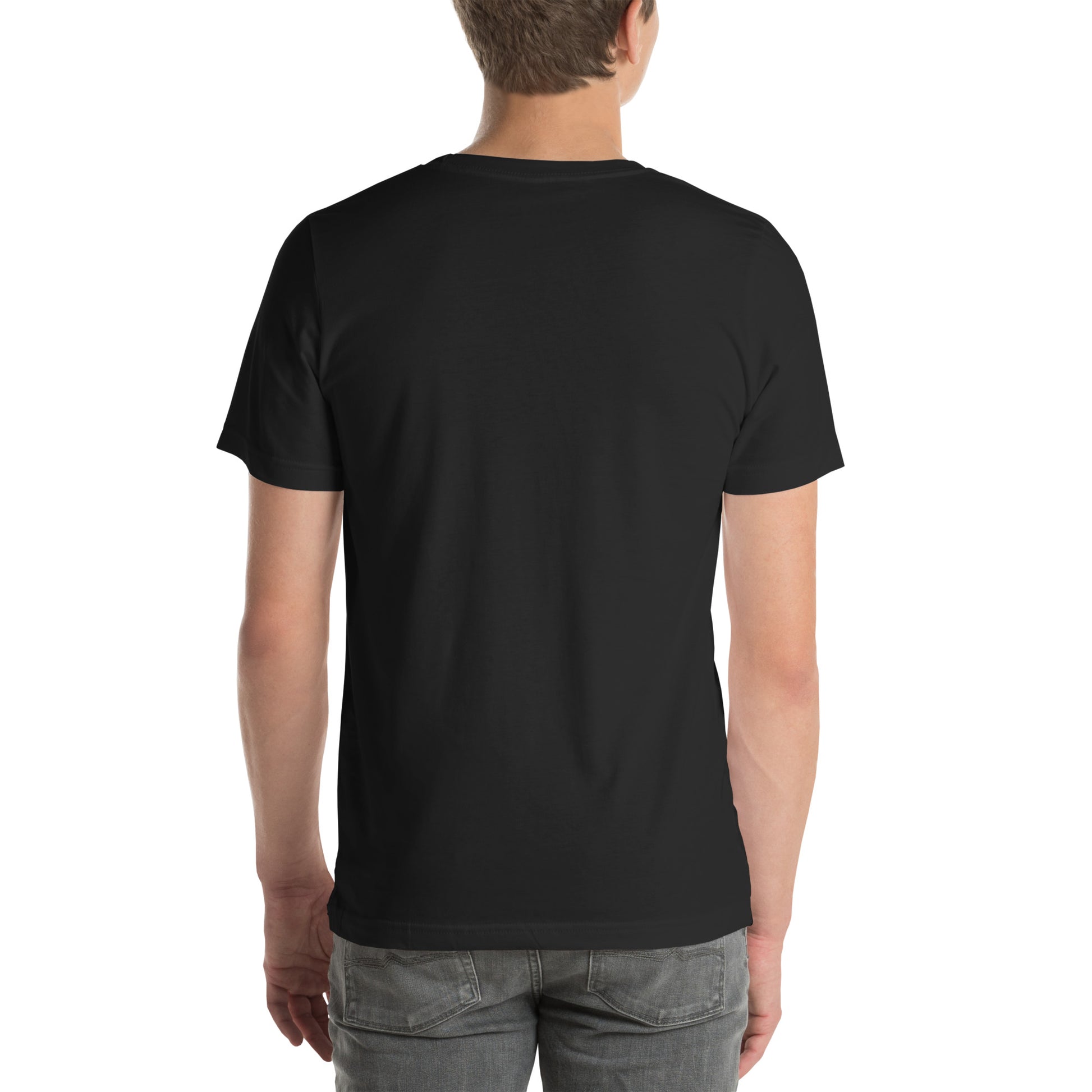 Back view of a man wearing the black Starfleet Engineering T-Shirt representing the Geek Dad Fashion Starship Repair theme.