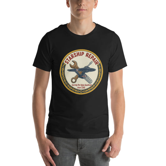 A man wearing the black Starfleet Engineering T-Shirt representing the Geek Dad Fashion Starship Repair theme.