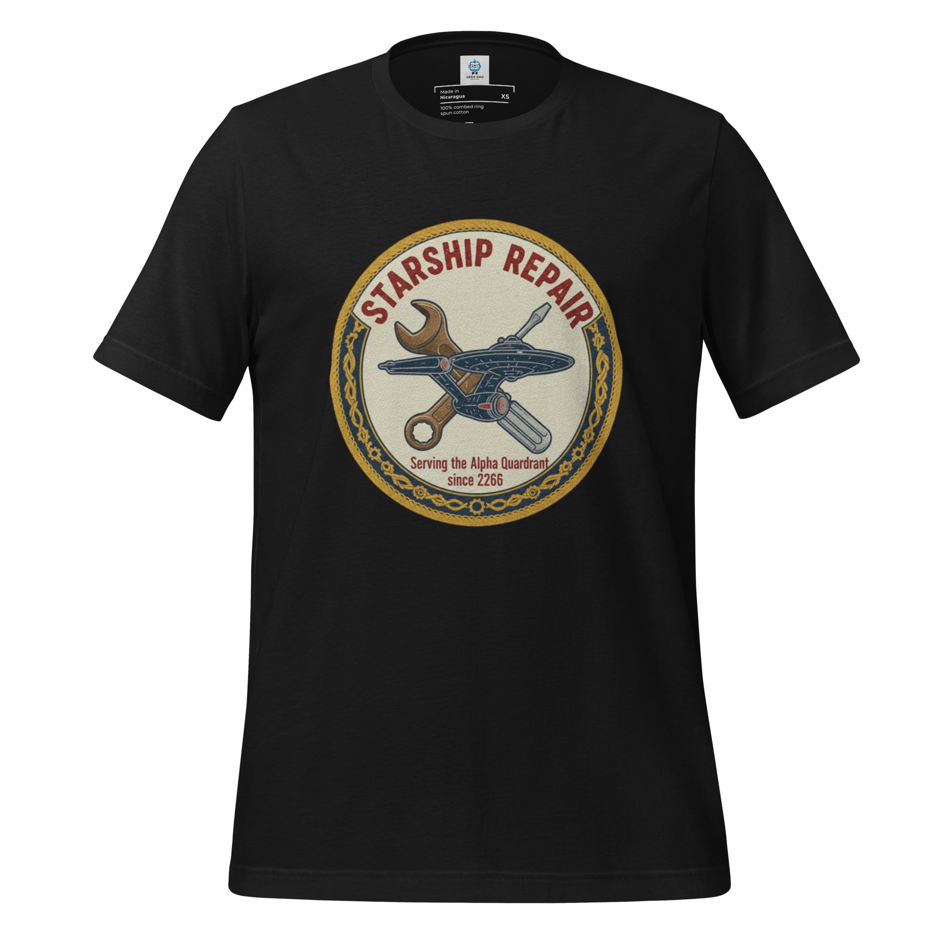 Starfleet Engineering T-Shirt in Black - Front view of the Star Trek Starship Repair graphic tee by Geek Dad Fashion.