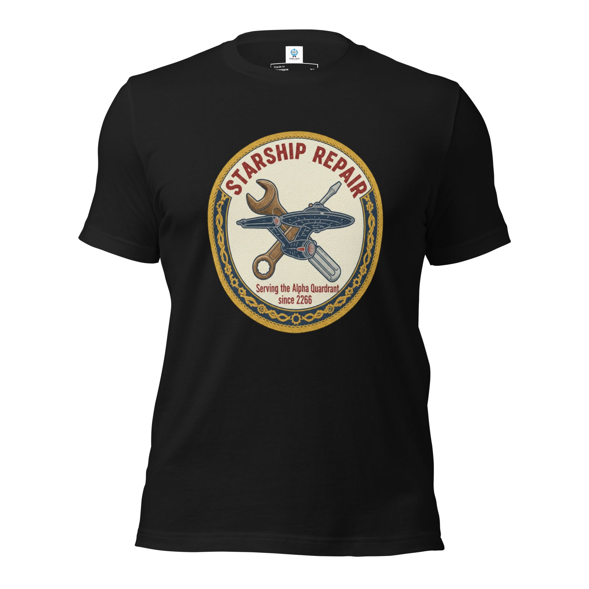 Starfleet Engineering T-Shirt in Black - Front view of the Star Trek Starship Repair graphic tee by Geek Dad Fashion.
