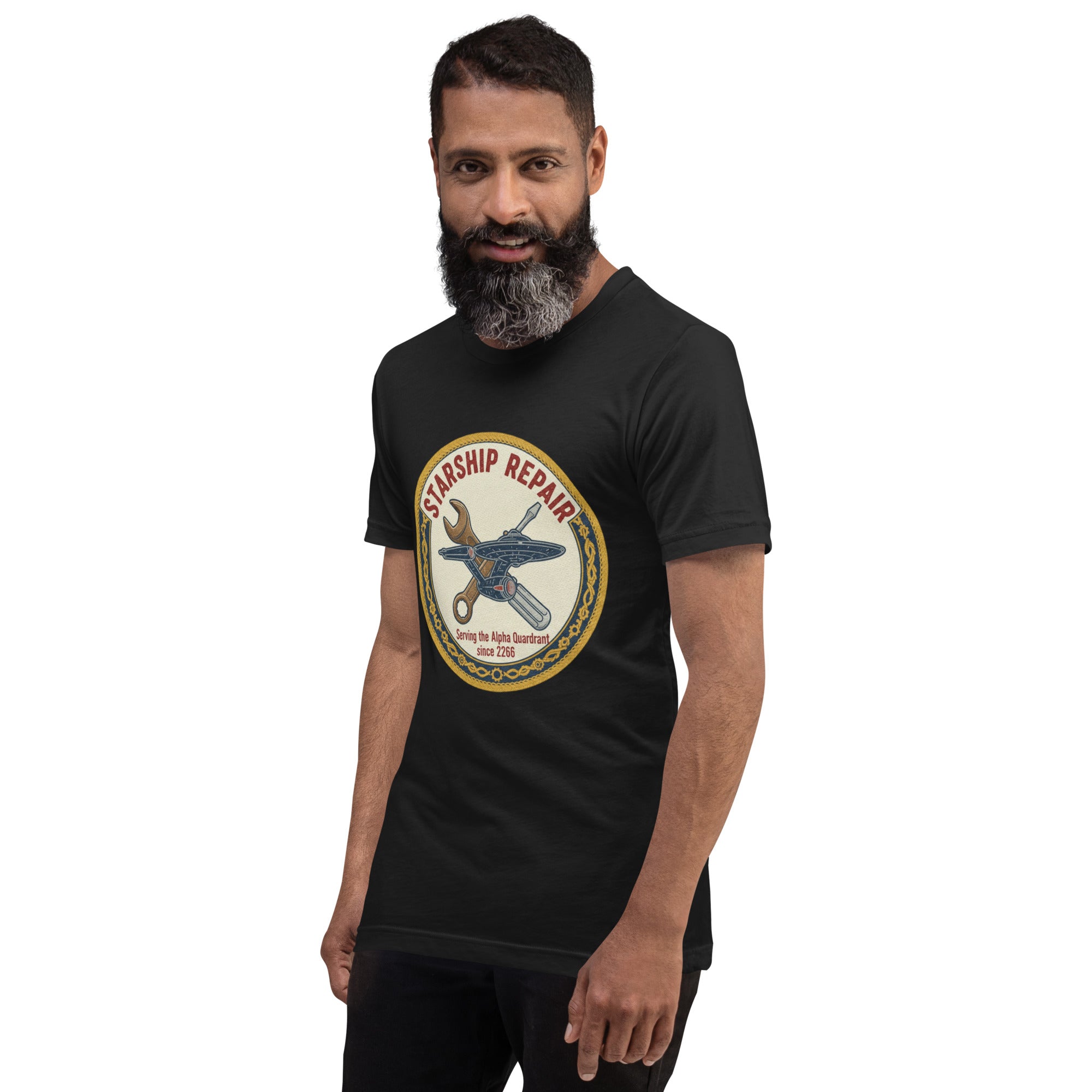 A man wearing the black Starfleet Engineering T-Shirt representing the Geek Dad Fashion Starship Repair theme.